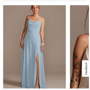 David’s Bridal Cowl Neck Chiffon Dress- Dusty Blue
